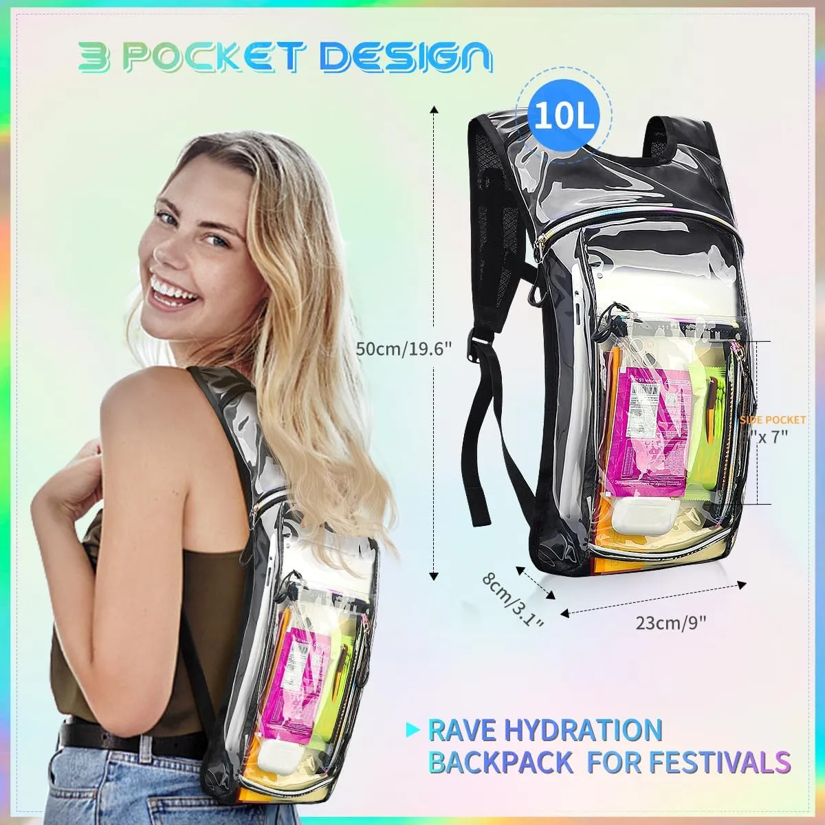 Hydration Backpack with 2L Water Bladder, Raves Water Backpack, Lightweight Insulation Hydration Pack for Men and Women, Suitable for Music Festivals, Raves, Hiking, Activities