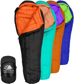 Hyke & Byke Eolus 15 F Hiking & Backpacking Sleeping Bag - 3 Season, 800FP Goose Down Sleeping Bag - Ultralight - Black/Clementine - 78in - Regular