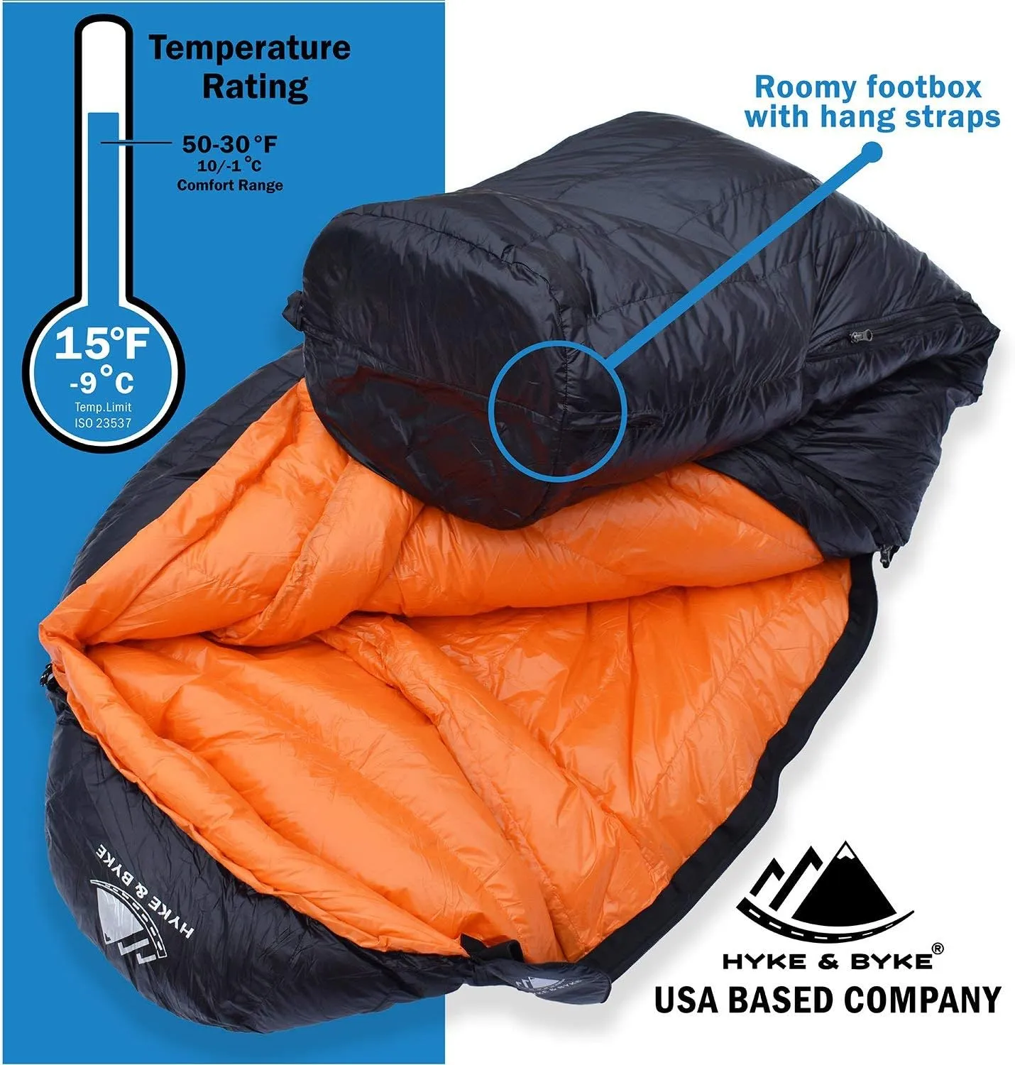 Hyke & Byke Eolus 15 F Hiking & Backpacking Sleeping Bag - 3 Season, 800FP Goose Down Sleeping Bag - Ultralight - Black/Clementine - 78in - Regular