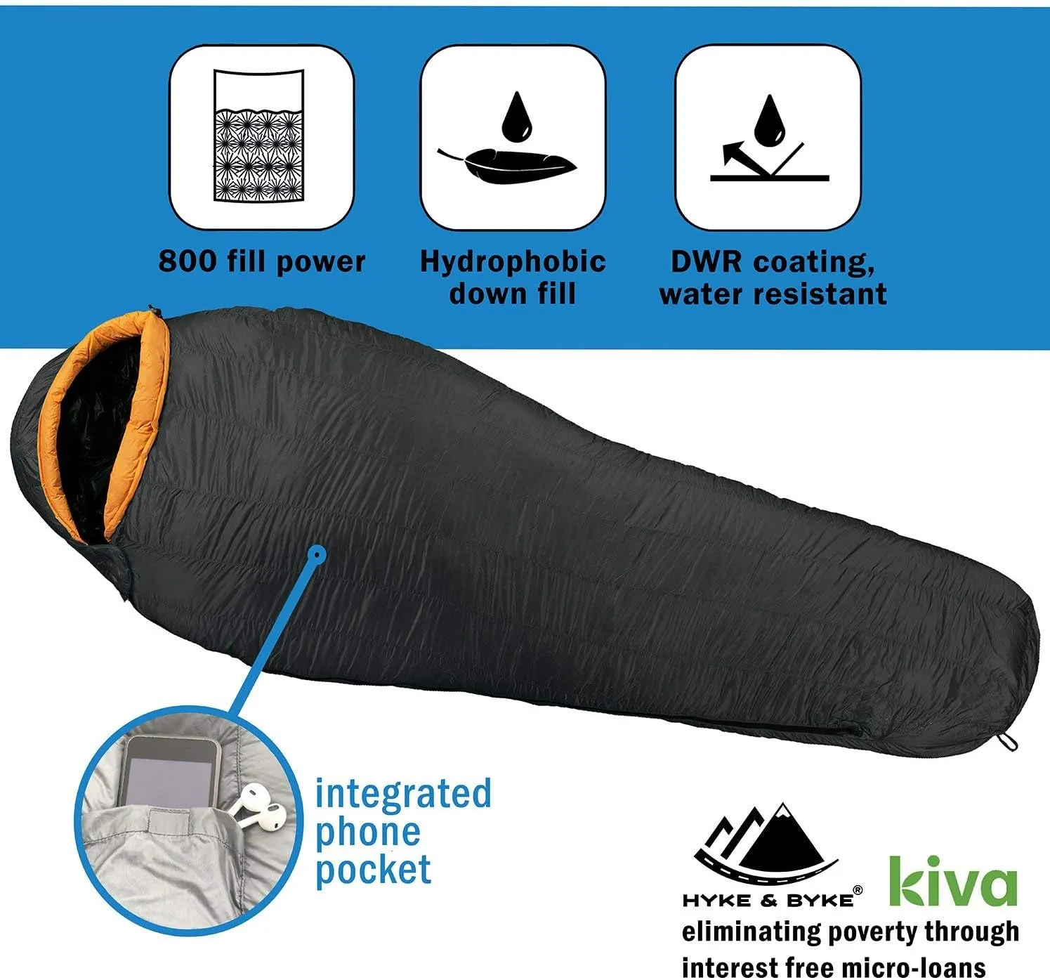 Hyke & Byke Eolus 15 F Hiking & Backpacking Sleeping Bag - 3 Season, 800FP Goose Down Sleeping Bag - Ultralight - Black/Clementine - 78in - Regular