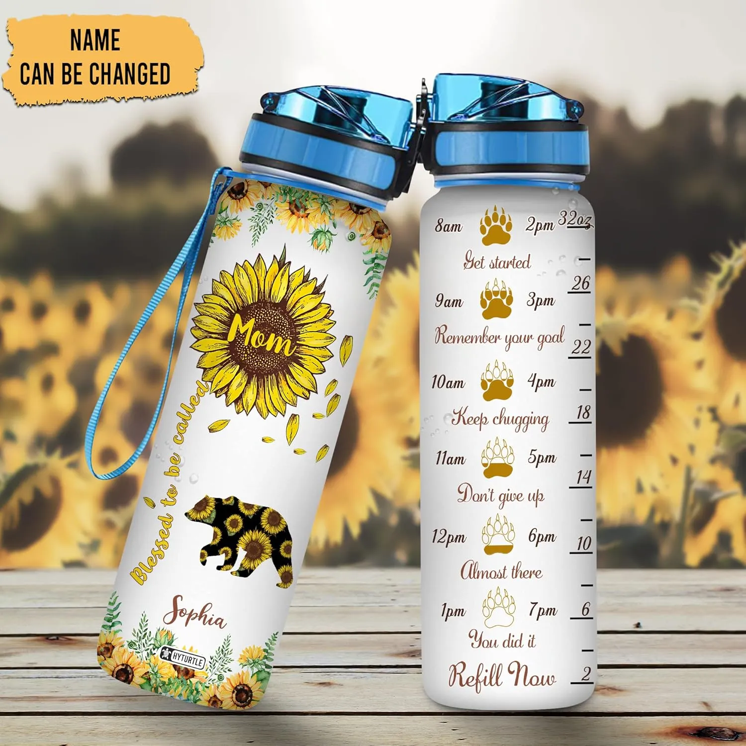 Hyturtle Personalized Blessed To Be Called Bear Sunflower 32Oz Liter Motivational Water Bottle, Customized Name With Time Marker Gifts For Women, Bear Lover, Sunflower Lover On Birthday, Mother's Day