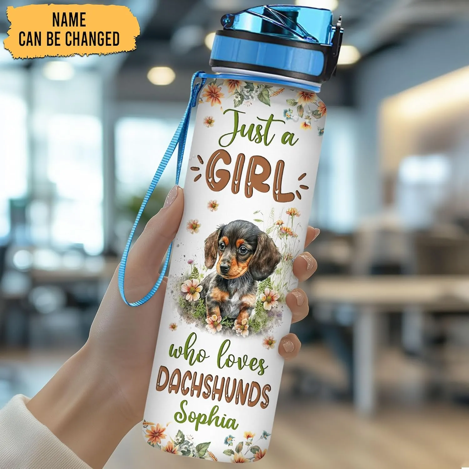Hyturtle Personalized Dachshund Lovers 32 Oz 1Liter Motivational Water Bottle With Time Marker, Just A Girl Who Loves Dachshunds, Animal Lovers Gifts For Women, Girl On Birthday, Christmas