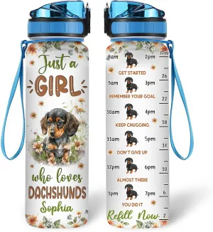 Hyturtle Personalized Dachshund Lovers 32 Oz 1Liter Motivational Water Bottle With Time Marker, Just A Girl Who Loves Dachshunds, Animal Lovers Gifts For Women, Girl On Birthday, Christmas