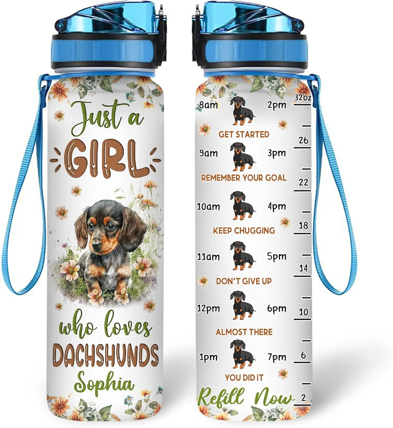 Hyturtle Personalized Dachshund Lovers 32 Oz 1Liter Motivational Water Bottle With Time Marker, Just A Girl Who Loves Dachshunds, Animal Lovers Gifts For Women, Girl On Birthday, Christmas