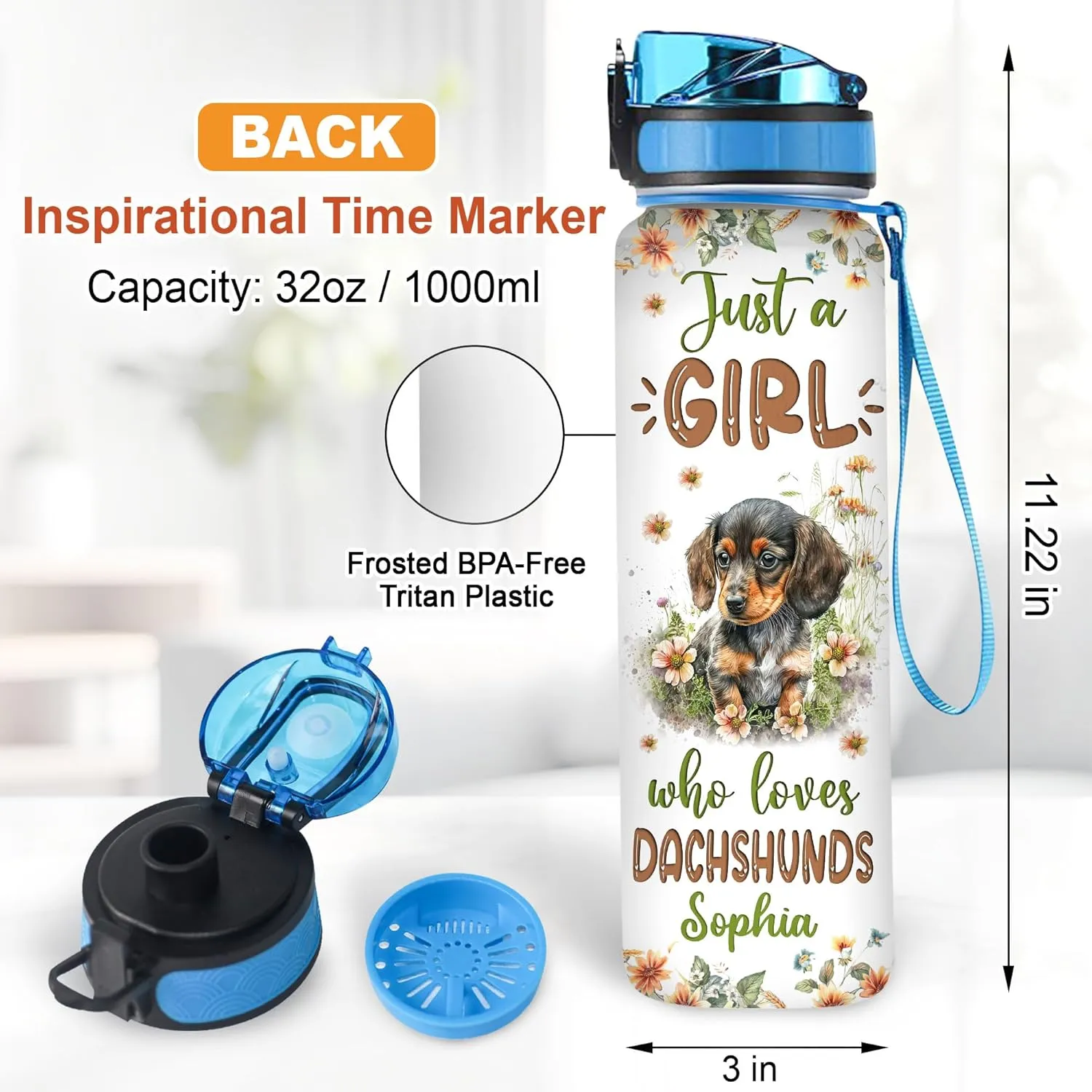 Hyturtle Personalized Dachshund Lovers 32 Oz 1Liter Motivational Water Bottle With Time Marker, Just A Girl Who Loves Dachshunds, Animal Lovers Gifts For Women, Girl On Birthday, Christmas