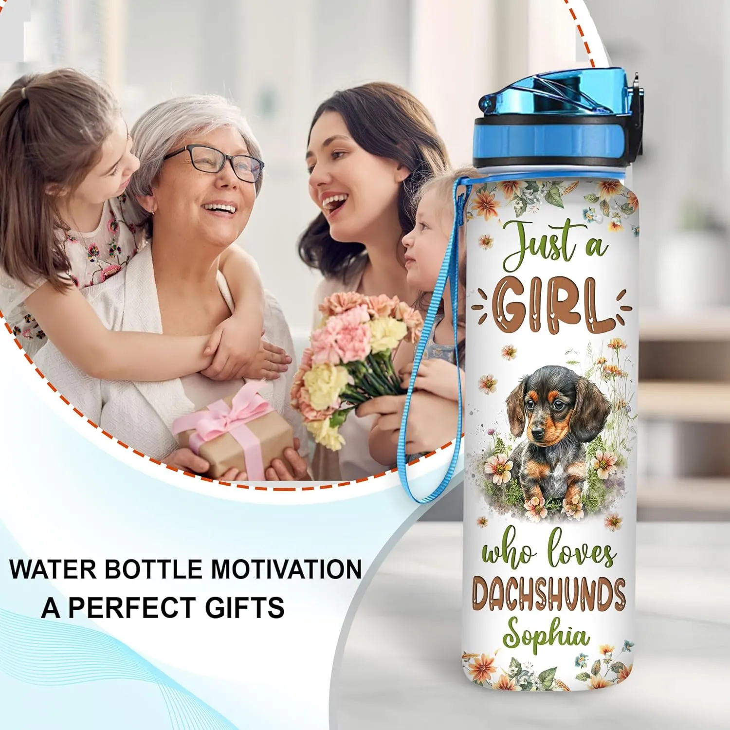 Hyturtle Personalized Dachshund Lovers 32 Oz 1Liter Motivational Water Bottle With Time Marker, Just A Girl Who Loves Dachshunds, Animal Lovers Gifts For Women, Girl On Birthday, Christmas