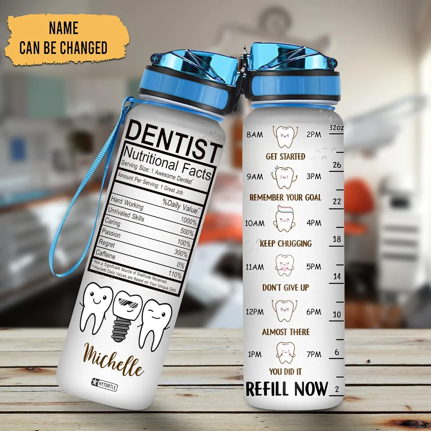 Hyturtle Personalized Dental Nutritional Fact 32Oz Liter Motivational Water Bottle, Customized Name With Time Marker, Gifts For Women Dentist, Dental Staff, Hygienist, Dental Assistant On Birthday
