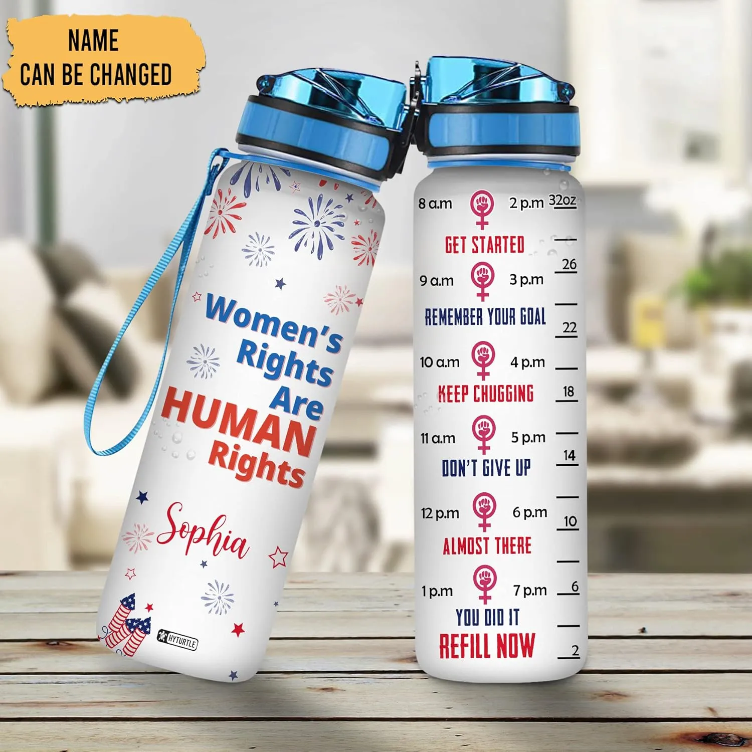 Hyturtle Personalized Feminist Women's Rights Are Human Rights Firework 32oz Liter Motivational Water Bottle, Customized Name With Time Marker, Gifts For Empowered Women Mom On Birthday, 4th Of July