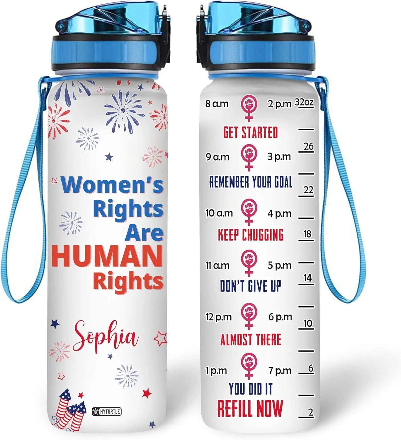 Hyturtle Personalized Feminist Women's Rights Are Human Rights Firework 32oz Liter Motivational Water Bottle, Customized Name With Time Marker, Gifts For Empowered Women Mom On Birthday, 4th Of July
