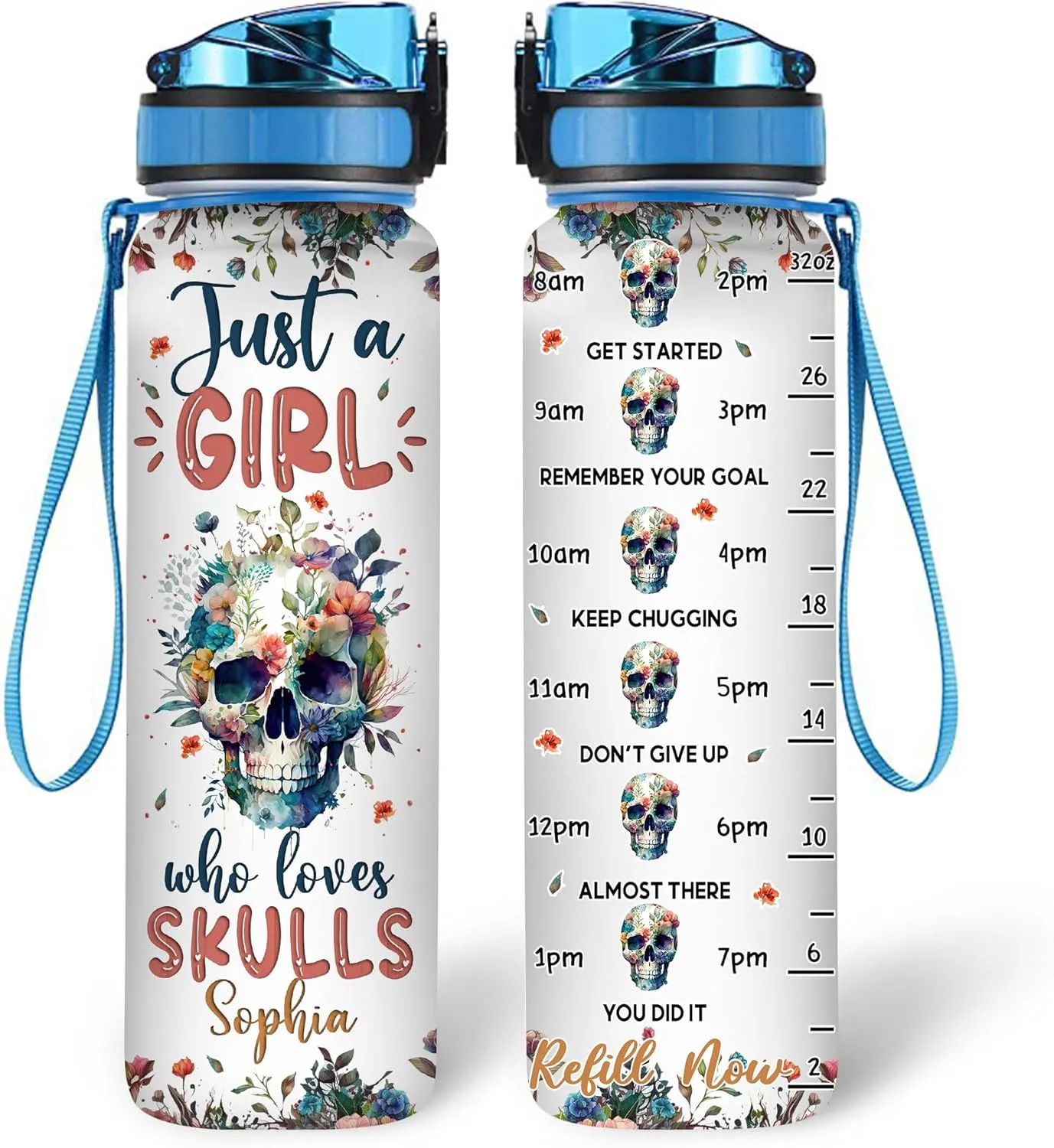 Hyturtle Personalized Skull Lovers 32 Oz 1Liter Motivational Water Bottle With Time Marker, Just A Girl Who Loves Skulls, Gothic Water Bottle, Idea Goth Gifts For Women, Girl On Birthday, Christmas