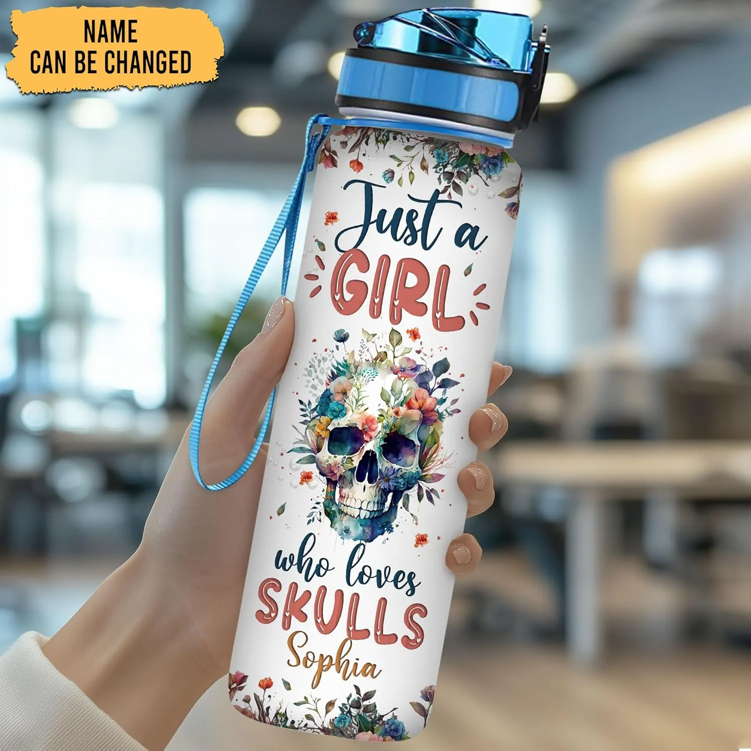 Hyturtle Personalized Skull Lovers 32 Oz 1Liter Motivational Water Bottle With Time Marker, Just A Girl Who Loves Skulls, Gothic Water Bottle, Idea Goth Gifts For Women, Girl On Birthday, Christmas