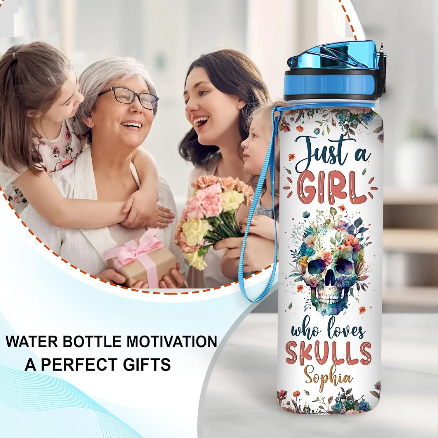 Hyturtle Personalized Skull Lovers 32 Oz 1Liter Motivational Water Bottle With Time Marker, Just A Girl Who Loves Skulls, Gothic Water Bottle, Idea Goth Gifts For Women, Girl On Birthday, Christmas