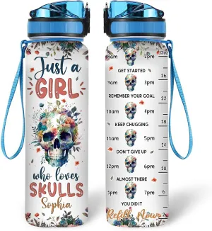 Hyturtle Personalized Skull Lovers 32 Oz 1Liter Motivational Water Bottle With Time Marker, Just A Girl Who Loves Skulls, Gothic Water Bottle, Idea Goth Gifts For Women, Girl On Birthday, Christmas