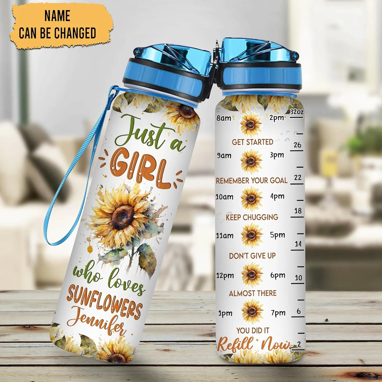 Hyturtle Personalized Sunflower Lovers 32 Oz 1Liter Motivational Water Bottle With Time Marker, Just A Girl Who Loves Sunflowers, Idea Floral Lovers Gifts For Women, Girl On Birthday, Christmas
