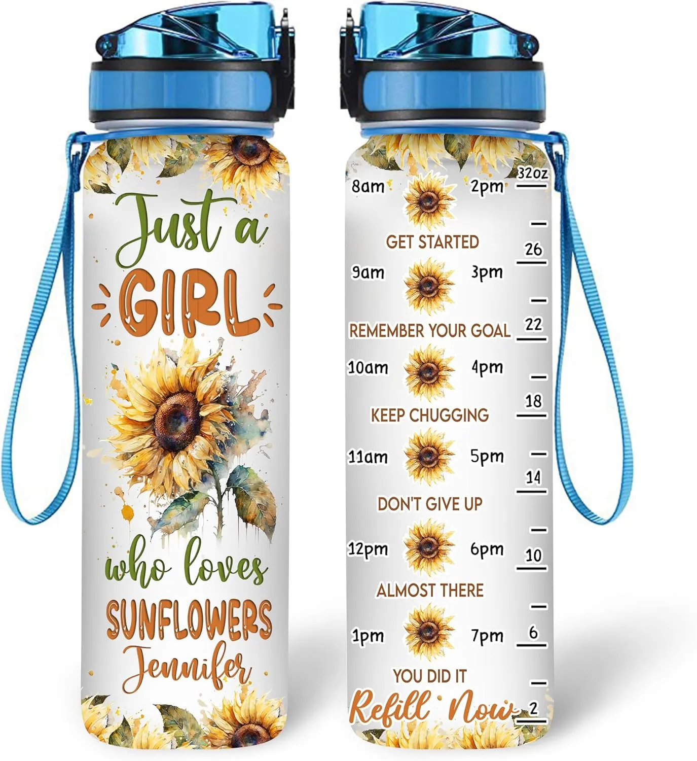 Hyturtle Personalized Sunflower Lovers 32 Oz 1Liter Motivational Water Bottle With Time Marker, Just A Girl Who Loves Sunflowers, Idea Floral Lovers Gifts For Women, Girl On Birthday, Christmas