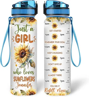 Hyturtle Personalized Sunflower Lovers 32 Oz 1Liter Motivational Water Bottle With Time Marker, Just A Girl Who Loves Sunflowers, Idea Floral Lovers Gifts For Women, Girl On Birthday, Christmas