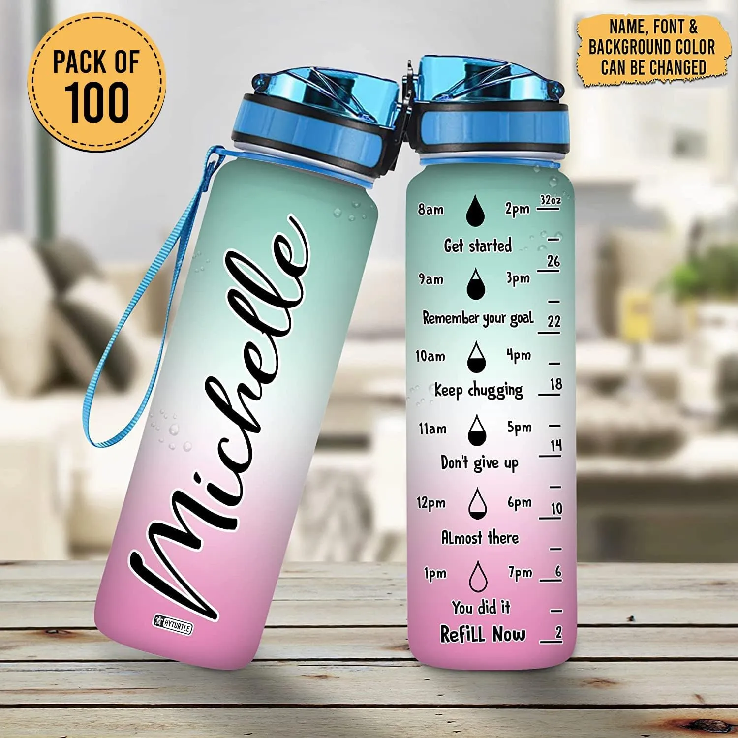 Hyturtle Set of 100 Bulk Pack Personalized 32oz Liter Motivational Water Bottle, Customized Name And Color With Time Marker, Gifts For Women Girls Family Friend
