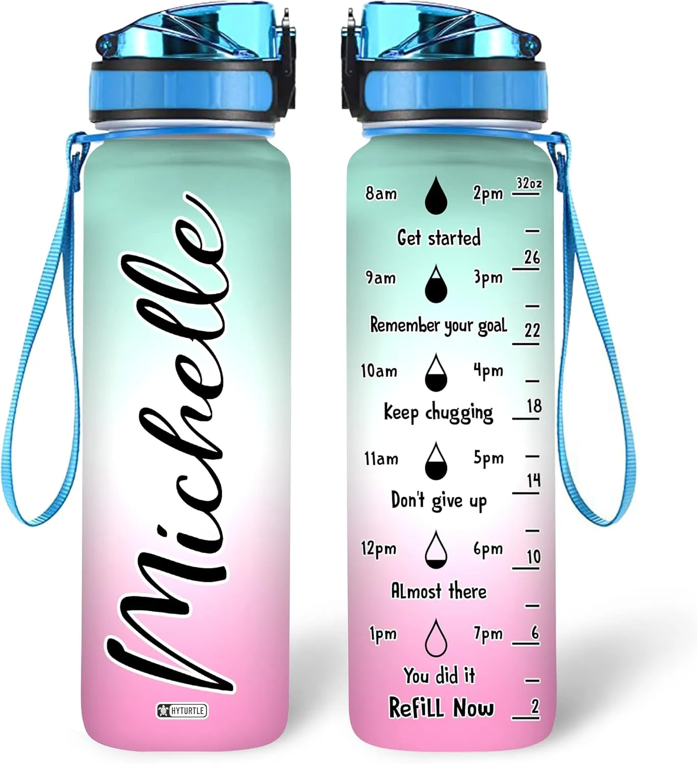 Hyturtle Set of 100 Bulk Pack Personalized 32oz Liter Motivational Water Bottle, Customized Name And Color With Time Marker, Gifts For Women Girls Family Friend