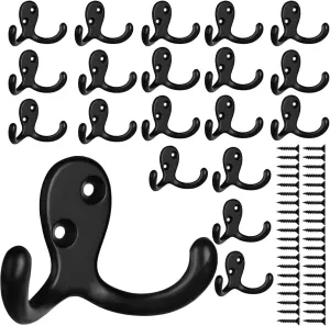 IBosins 20 Pack Heavy Duty Double Prong Coat Hooks Wall Mounted with 40 Screws Retro Double Hooks Utility Hooks for Coat, Scarf, Bag, Towel, Key, Cap, Cup, Hat