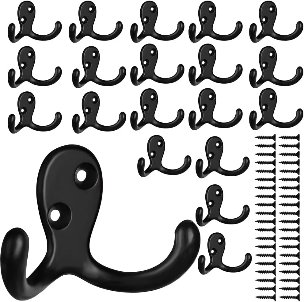 IBosins 20 Pack Heavy Duty Double Prong Coat Hooks Wall Mounted with 40 Screws Retro Double Hooks Utility Hooks for Coat, Scarf, Bag, Towel, Key, Cap, Cup, Hat