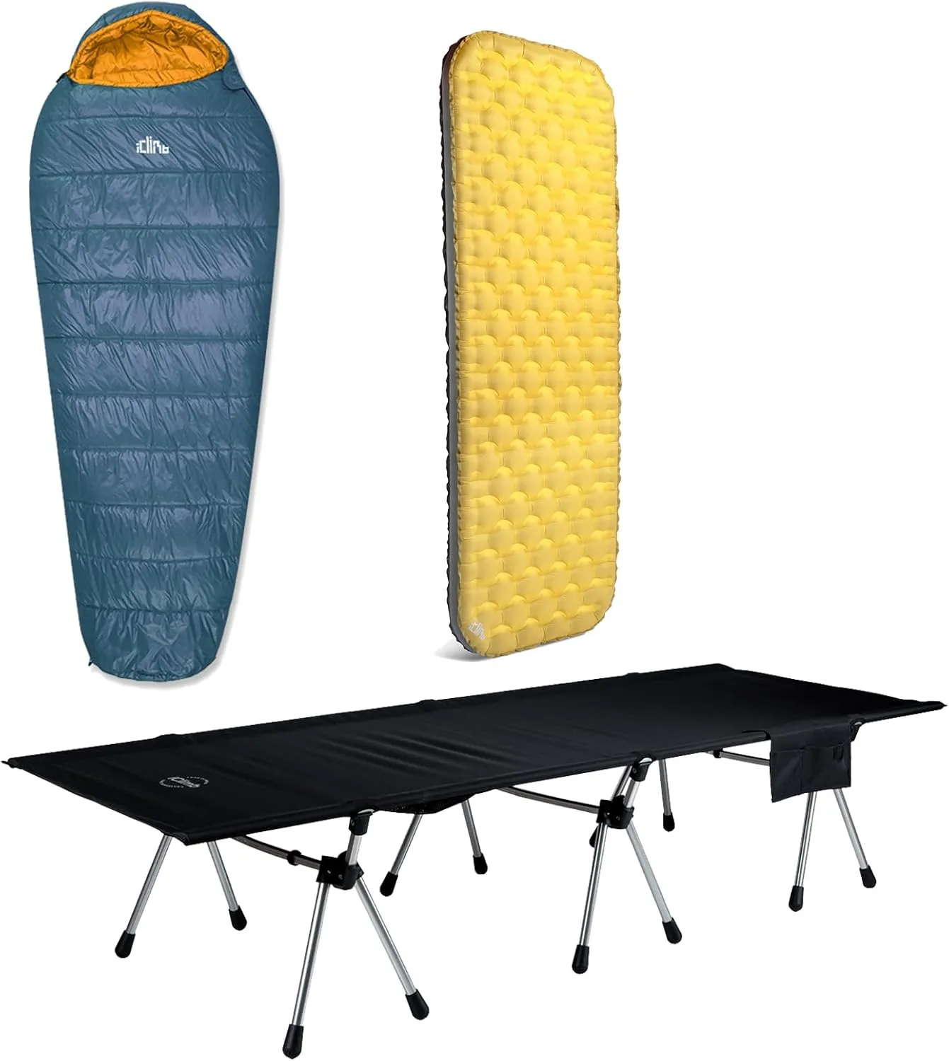 iClimb 1 Stable Comfortable Air Sleeping Pad and 1 Two Heights Super Easy Assemble Cot and 1 3M Thinsulate Insulation Sleeping Bag Bundle, Ultralight Compact for Single Adult Outdoor Camping Backpacki