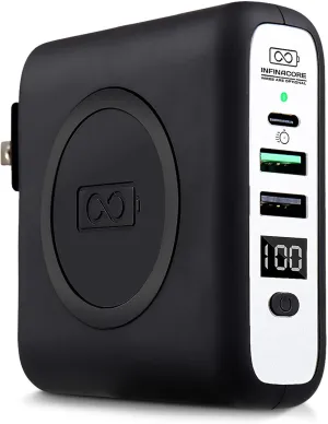 InfinaCore P3 8000mAh Portable Charger - 4-in-1 Fast Charging Power Bank Compatible w/iPhone - 18W Qi-Compatible USB C Charger Block - Travel Battery Pack w/Foldable Plug - Black