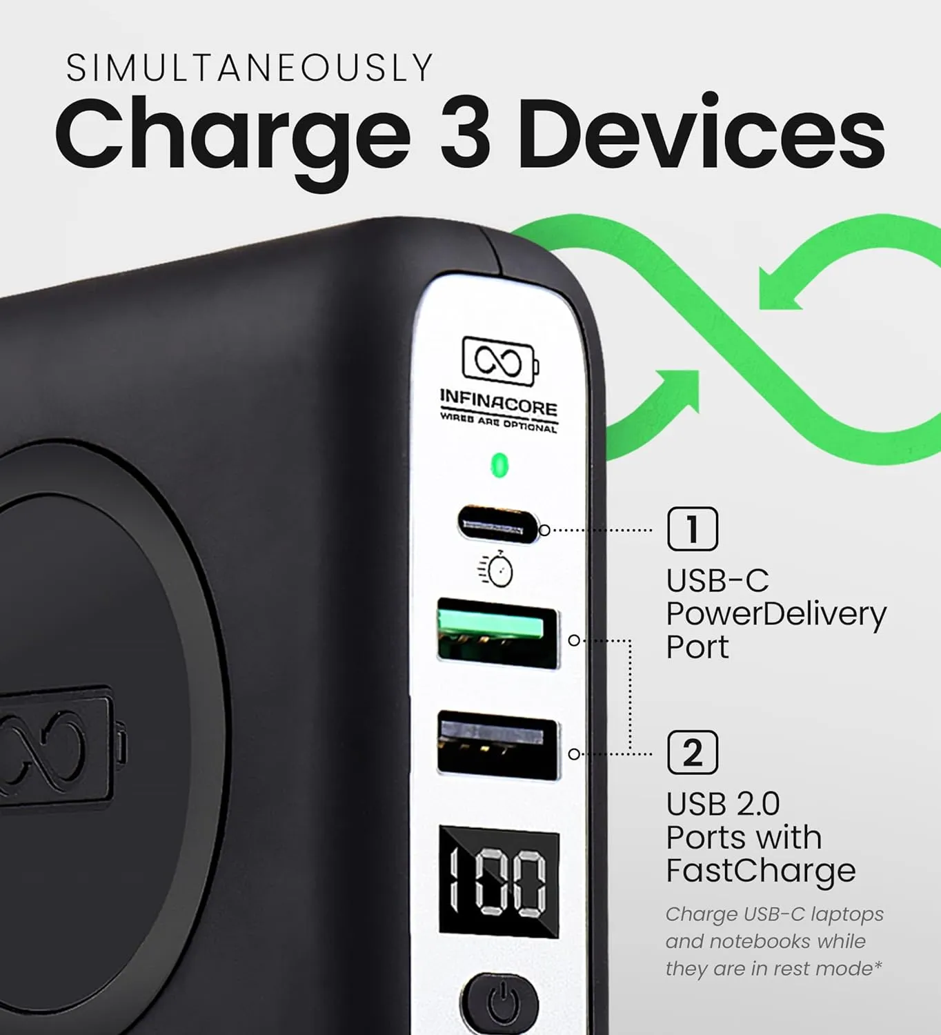InfinaCore P3 8000mAh Portable Charger - 4-in-1 Fast Charging Power Bank Compatible w/iPhone - 18W Qi-Compatible USB C Charger Block - Travel Battery Pack w/Foldable Plug - Black