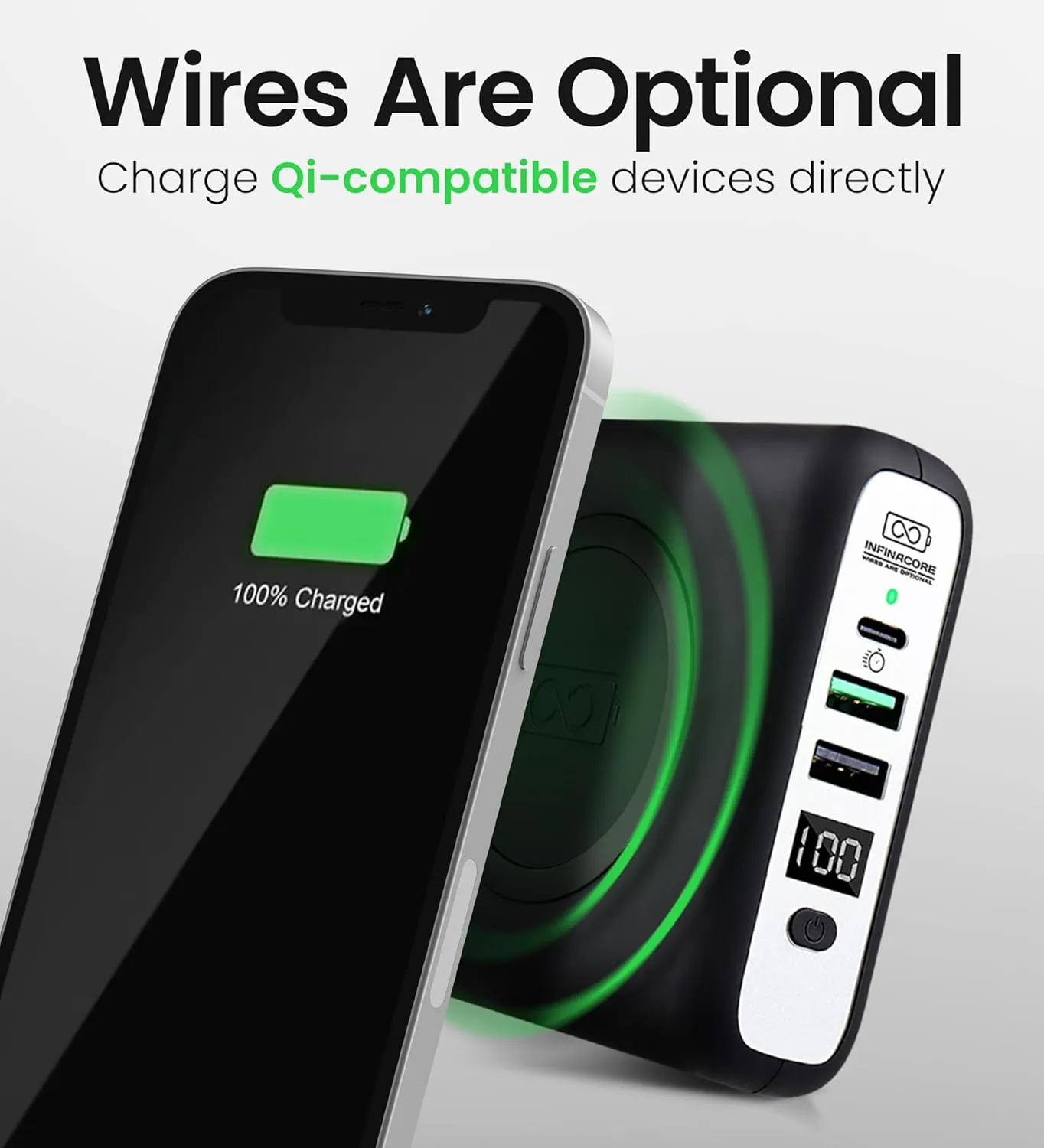 InfinaCore P3 8000mAh Portable Charger - 4-in-1 Fast Charging Power Bank Compatible w/iPhone - 18W Qi-Compatible USB C Charger Block - Travel Battery Pack w/Foldable Plug - Black