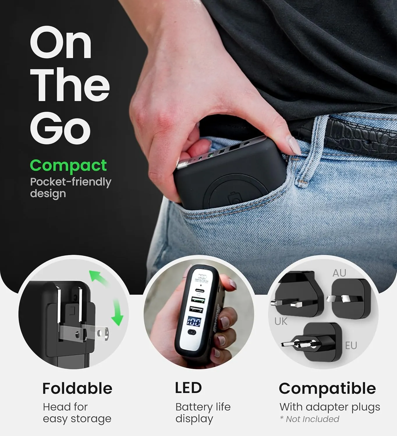 InfinaCore P3 8000mAh Portable Charger - 4-in-1 Fast Charging Power Bank Compatible w/iPhone - 18W Qi-Compatible USB C Charger Block - Travel Battery Pack w/Foldable Plug - Black