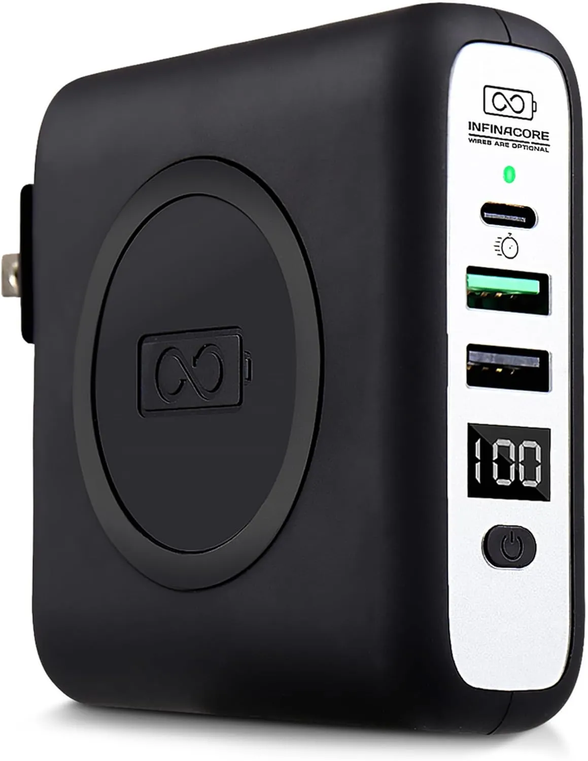 InfinaCore P3 8000mAh Portable Charger - 4-in-1 Fast Charging Power Bank Compatible w/iPhone - 18W Qi-Compatible USB C Charger Block - Travel Battery Pack w/Foldable Plug - Black