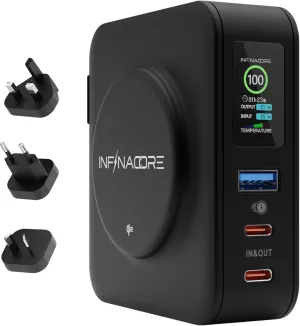 InfinaCore P3 Pro 4 in 1 Travel Power Bank 10,500mAh - 65W Portable USB Charger with Wall Plug US/UK/EU Universal Power Adaptor, Qi2-Certified, Compatible w/MagSafe iPhone 16/15/14/13, Samsung S22/21