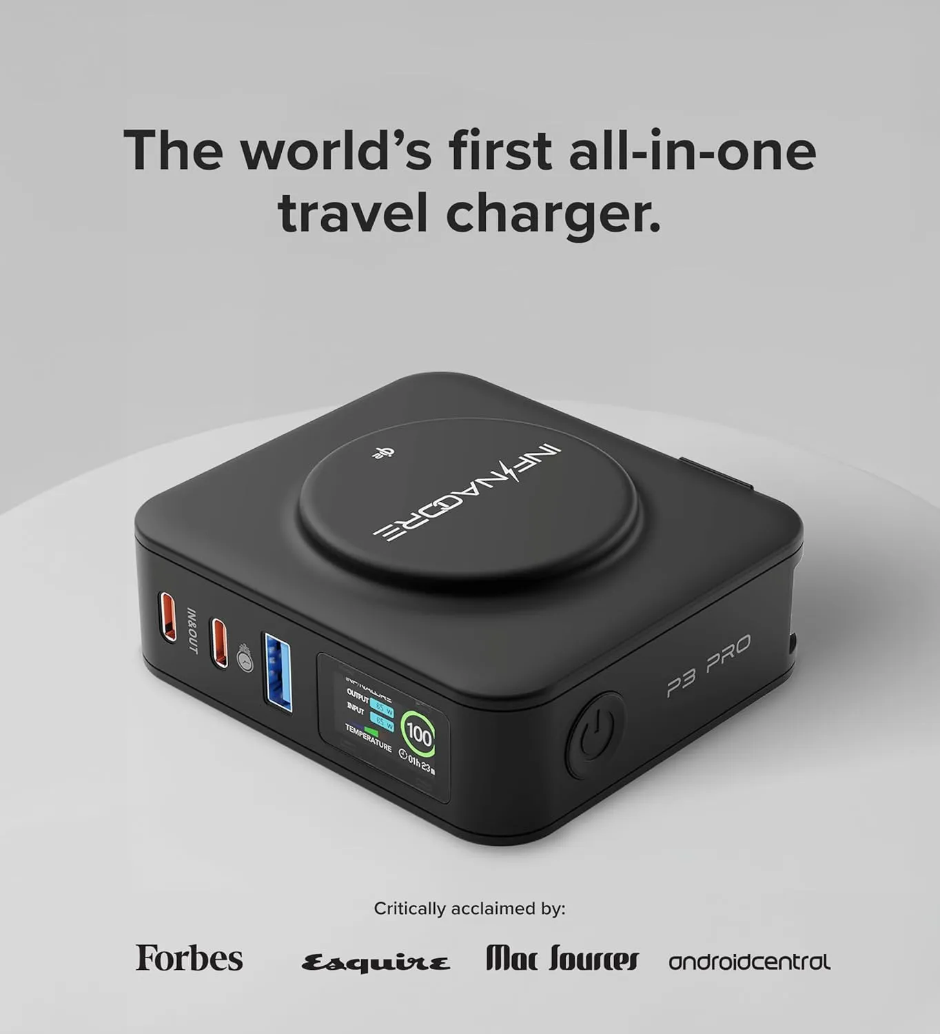 InfinaCore P3 Pro 4 in 1 Travel Power Bank 10,500mAh - 65W Portable USB Charger with Wall Plug US/UK/EU Universal Power Adaptor, Qi2-Certified, Compatible w/MagSafe iPhone 16/15/14/13, Samsung S22/21