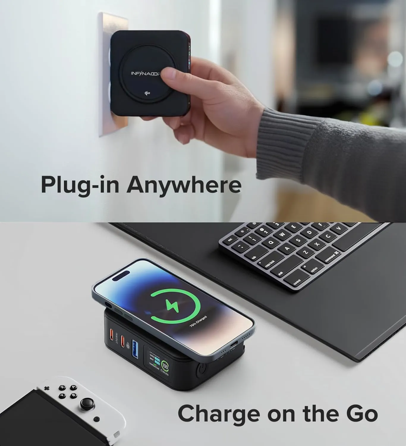 InfinaCore P3 Pro 4 in 1 Travel Power Bank 10,500mAh - 65W Portable USB Charger with Wall Plug US/UK/EU Universal Power Adaptor, Qi2-Certified, Compatible w/MagSafe iPhone 16/15/14/13, Samsung S22/21