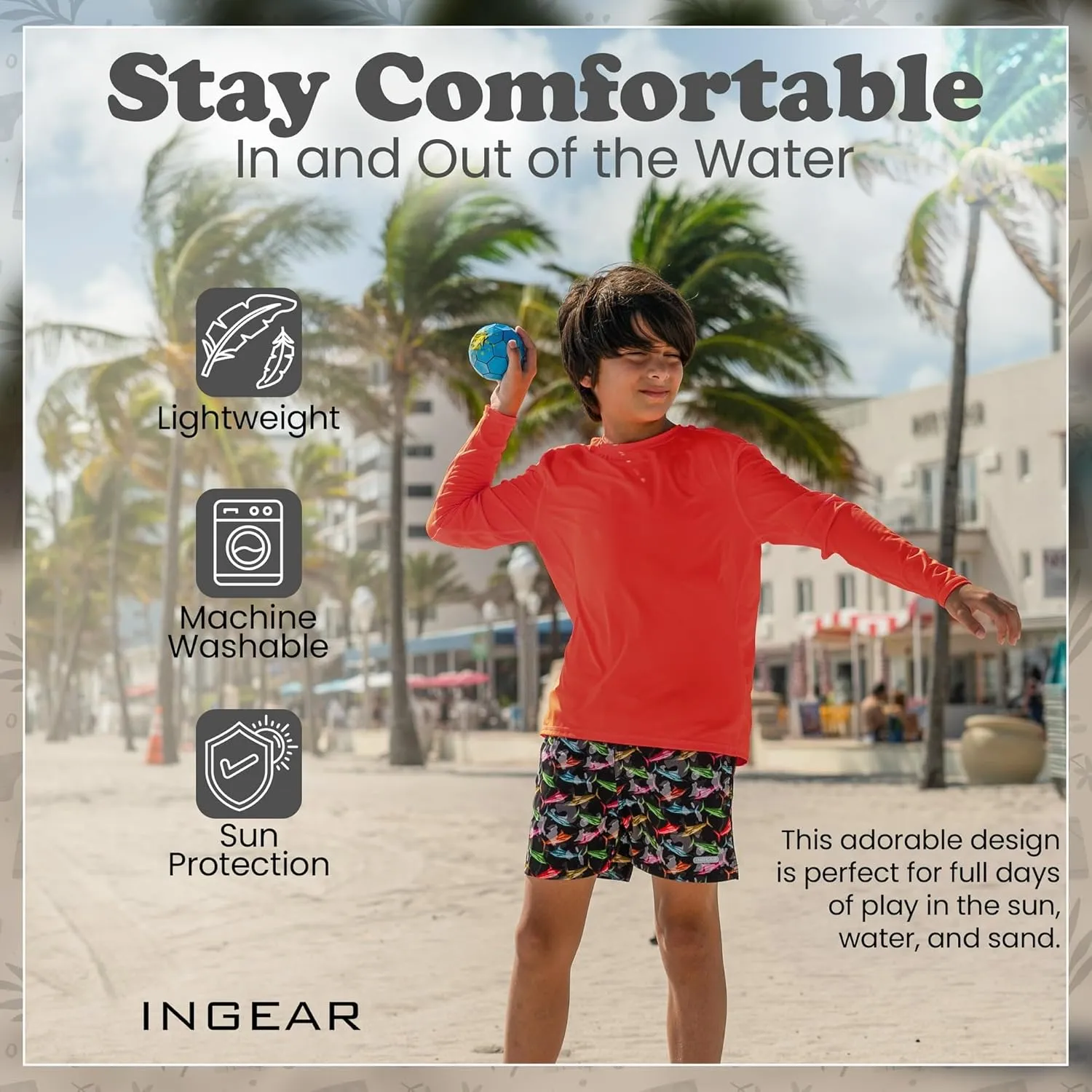 INGEAR Boys' Rash Guard UPF 50  Swim Shirt, Quick-Dry Lightweight Sun Protection for Swimming, Surfing & Beach, XS-XL