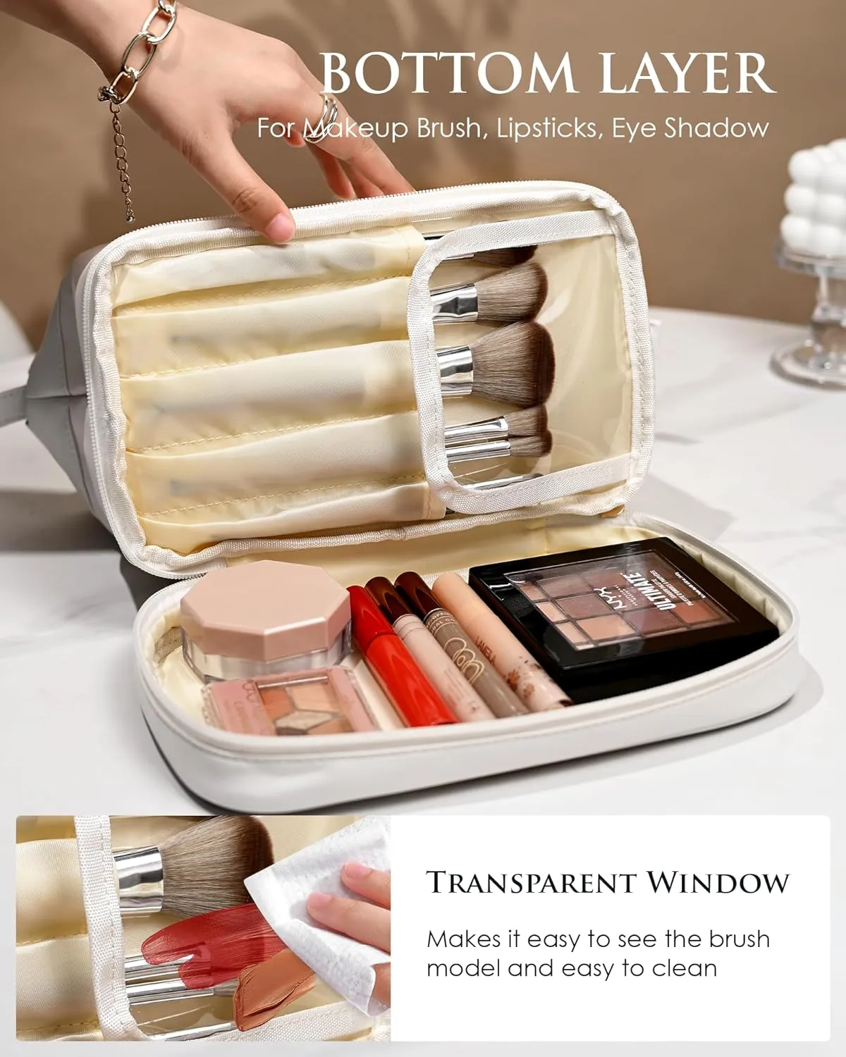 Initial Makeup Bag, Daughter Gifts, Personalized Double Layer Cosmetic Bag with Makeup Brush Organizer, Waterproof, Large Capacity PU Leather Travel Toiletry Bag Cute Things for Girls