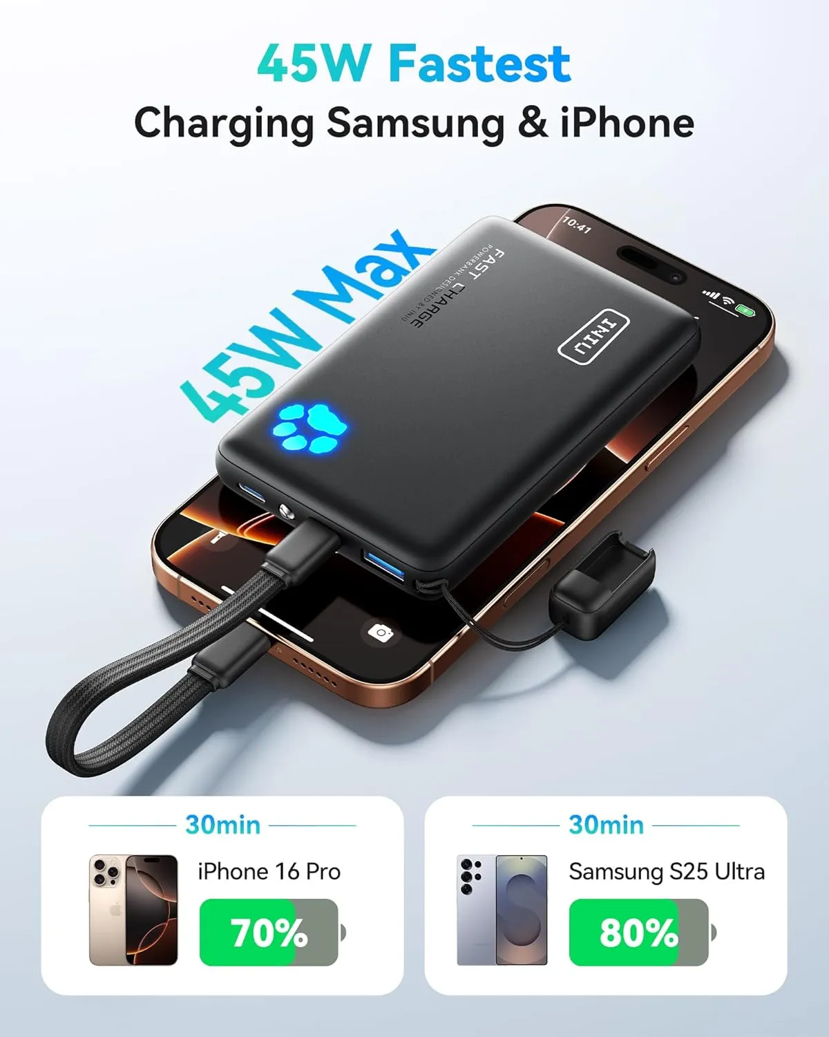 INIU Portable Charger, Lightest 10000mAh 45W PD Power Bank, USB C in&Out Fast Charging Battery Pack, External Phone Powerbank Compatible with iPhone 16 15 14 13 Samsung S22 S21 Google iPad etc