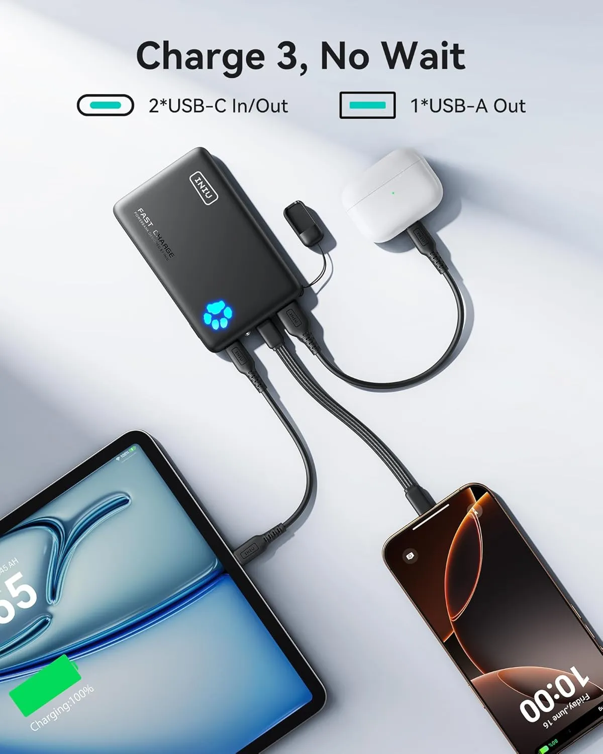 INIU Portable Charger, Lightest 10000mAh 45W PD Power Bank, USB C in&Out Fast Charging Battery Pack, External Phone Powerbank Compatible with iPhone 16 15 14 13 Samsung S22 S21 Google iPad etc