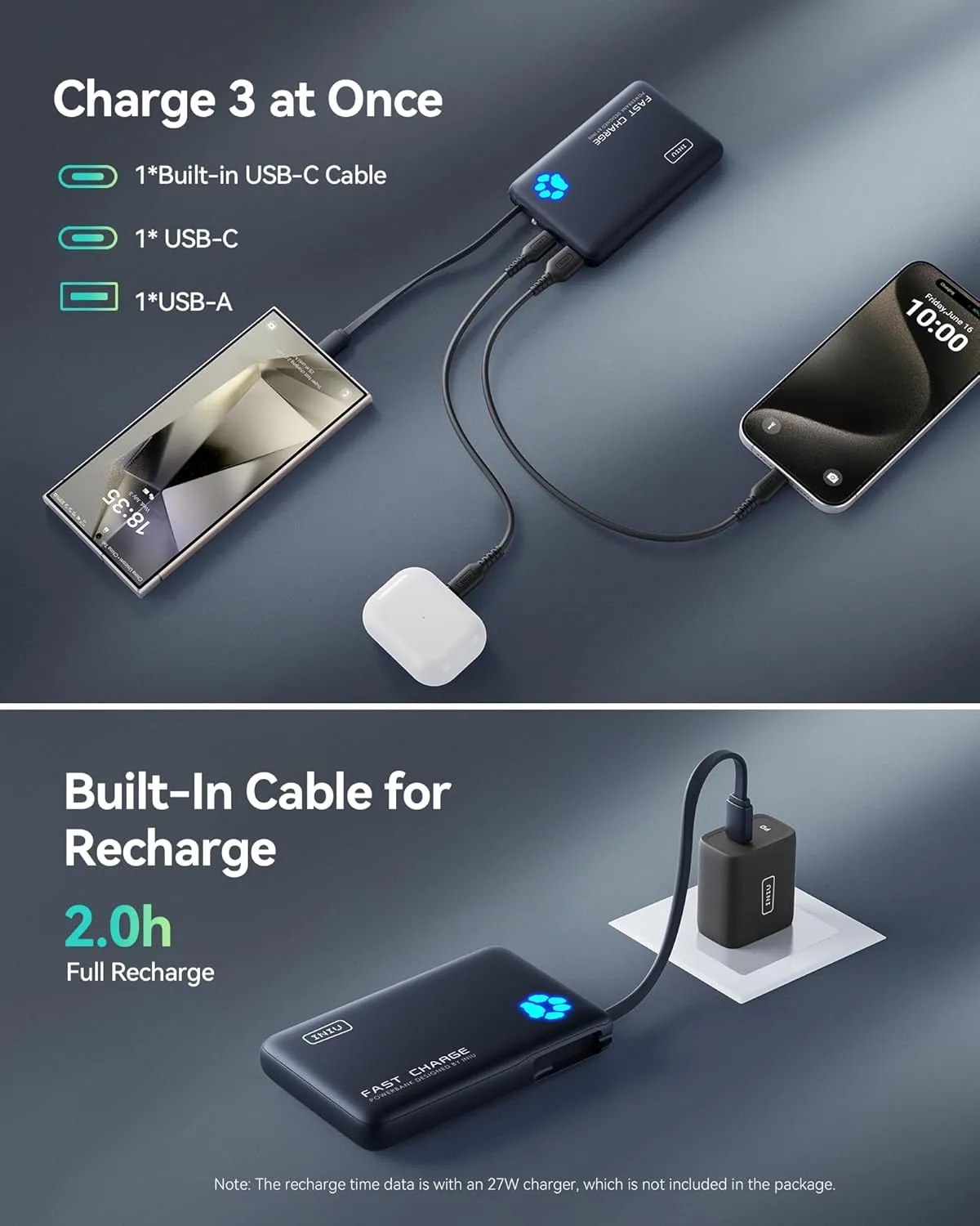 INIU Portable Charger, Slim 45W PD Fast Charging 10000mAh Power Bank, Built-in USB C Cable Battery Pack, Travel Essentials Powerbank for iPhone 16/15 Pro Max, iPad, Google Pixel, Samsung S25/S24 etc