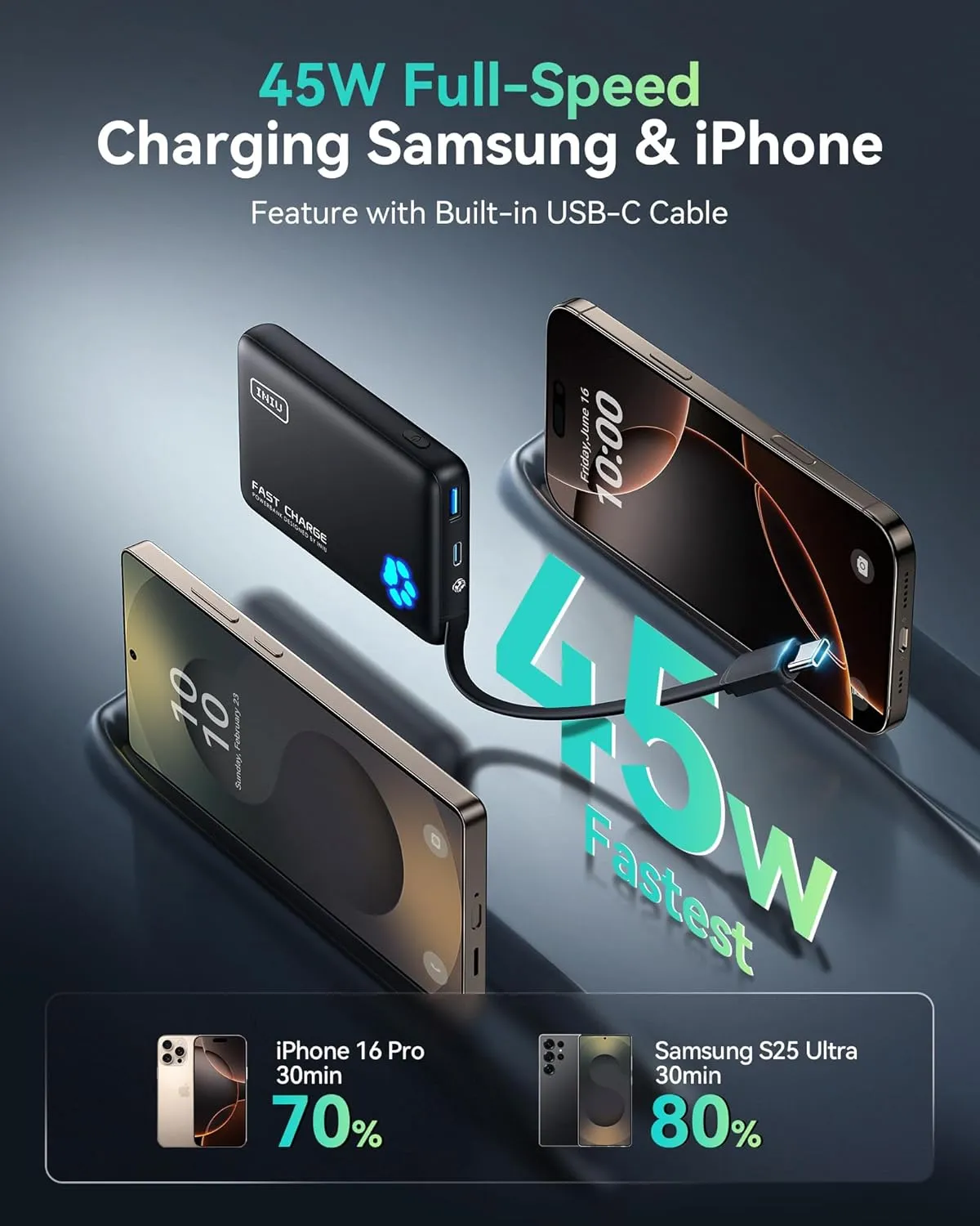 INIU Portable Charger, Slim 45W PD Fast Charging 10000mAh Power Bank, Built-in USB C Cable Battery Pack, Travel Essentials Powerbank for iPhone 16/15 Pro Max, iPad, Google Pixel, Samsung S25/S24 etc