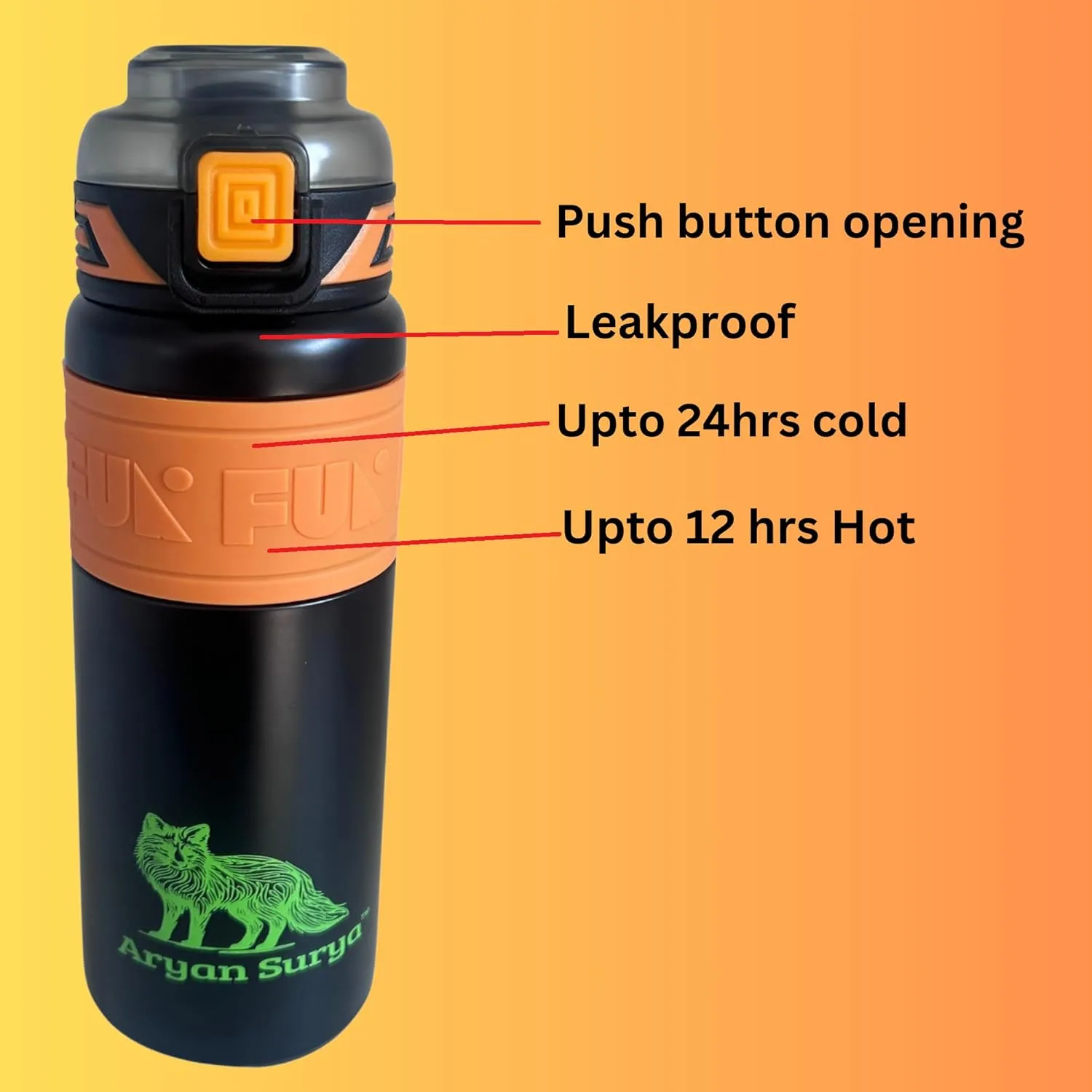 Insulated Stainless Steel Water Bottle with push-button lid with lock and Straw for Sports and Travel, BPA-Free Sports Water Bottle (Black, 22 oz)