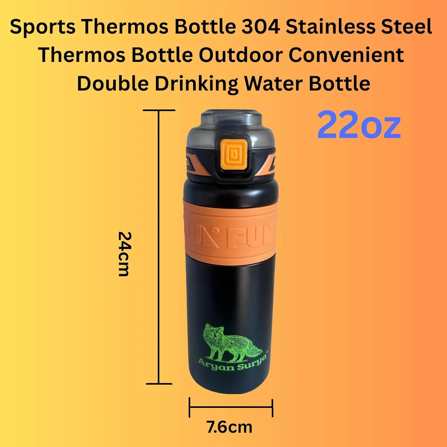 Insulated Stainless Steel Water Bottle with push-button lid with lock and Straw for Sports and Travel, BPA-Free Sports Water Bottle (Black, 22 oz)