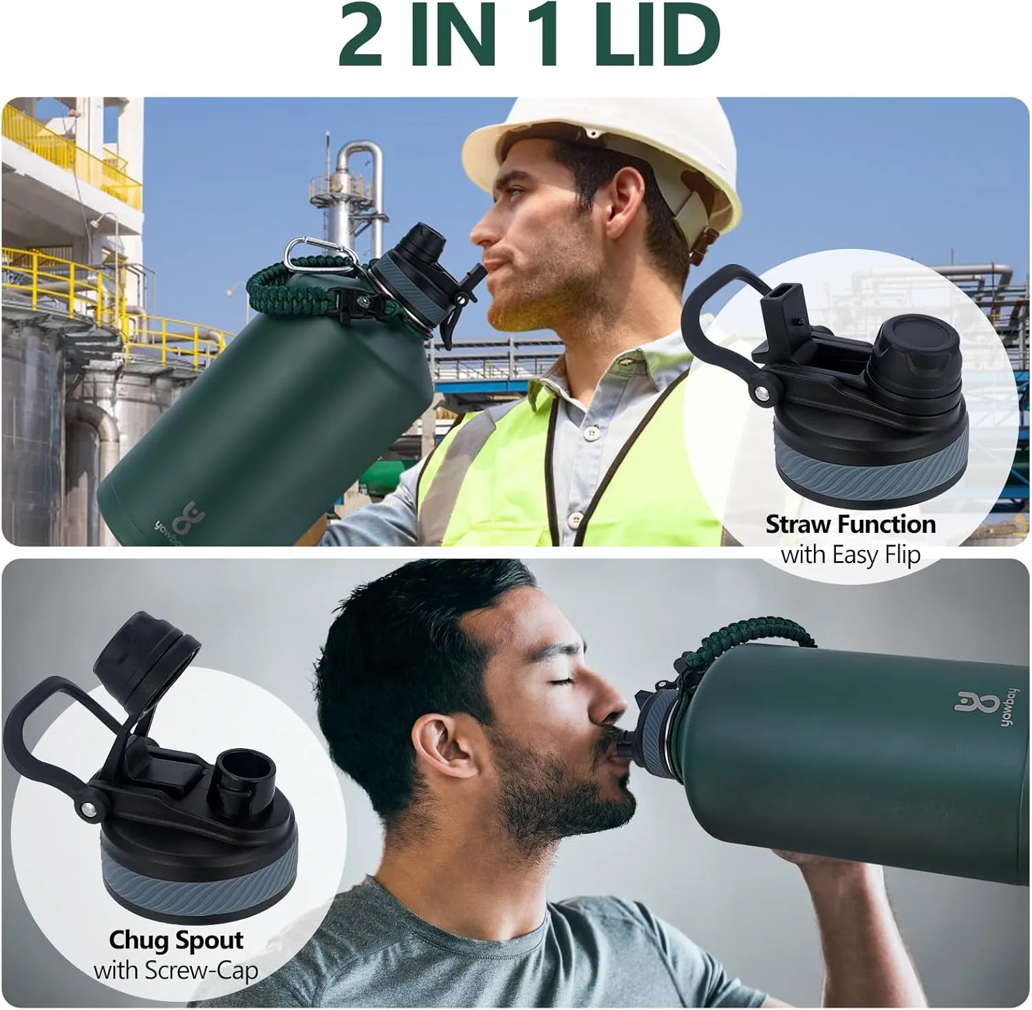 Insulated Water Bottle 128 oz with 2-in-1 Straw Lids & Handle,1 Gallon Water Bottle Flask Jug with Paracord Handle Leak Proof Large Big Water Bottle for Hiking,Sports,Camping,Long Drive,Fishing