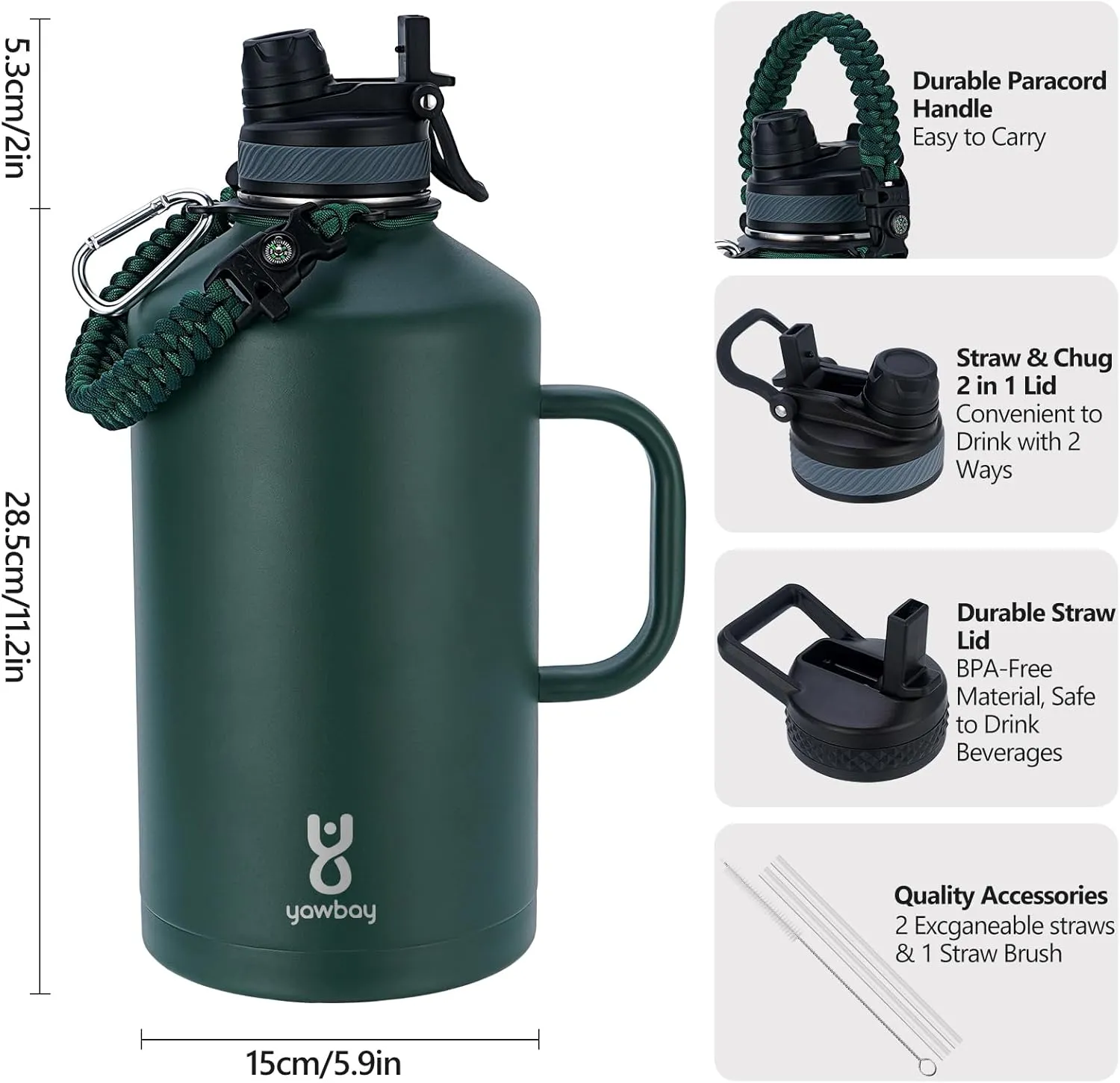 Insulated Water Bottle 128 oz with 2-in-1 Straw Lids & Handle,1 Gallon Water Bottle Flask Jug with Paracord Handle Leak Proof Large Big Water Bottle for Hiking,Sports,Camping,Long Drive,Fishing