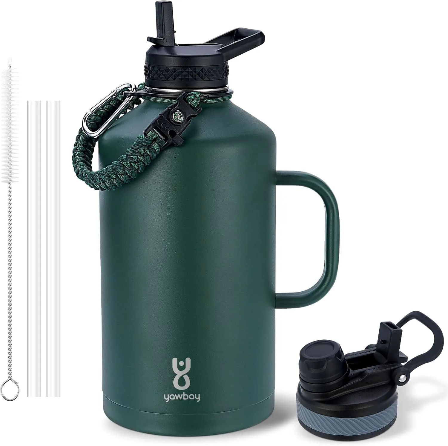 Insulated Water Bottle 128 oz with 2-in-1 Straw Lids & Handle,1 Gallon Water Bottle Flask Jug with Paracord Handle Leak Proof Large Big Water Bottle for Hiking,Sports,Camping,Long Drive,Fishing