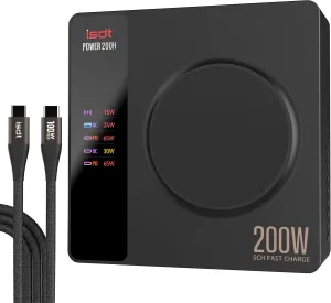 ISDT Power 200H 200W USB C Desktop Charging Station - 4 1 Ports Compatible with MacBook Pro/Air, iPad, iPhone, Galaxy, Pixel(with Power Adapter, with Magnetic Charging Function)
