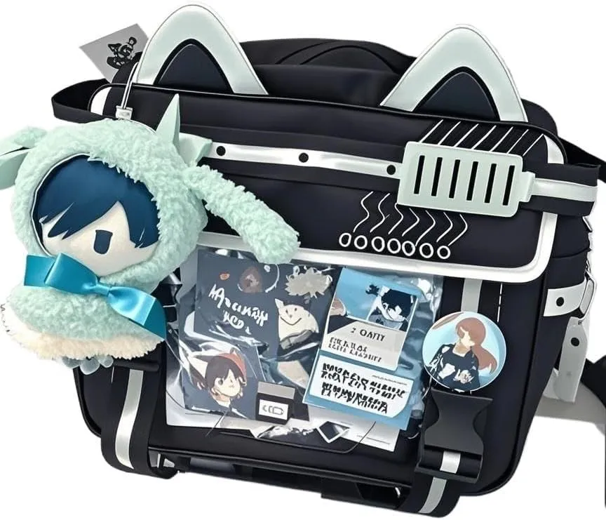 Ita Bag Electronic Cat Cotton Doll Large Capacity Shoulders (Black × milk green)