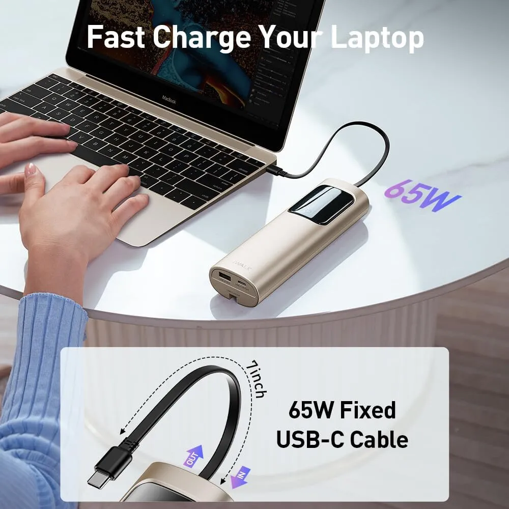 iWALK Laptop Power Bank, 20000mAh 65W 3-Output Portable Charger with Built-in USB-C Cable, PD QC Fast Charging External Battery Pack for MacBook Pro/Air HP iPhone 15 14 13 12 iPad Samsung Steam Deck