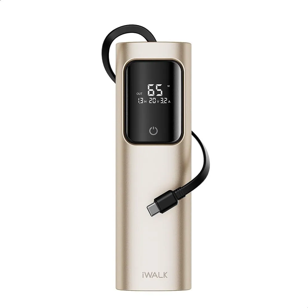 iWALK Laptop Power Bank, 20000mAh 65W 3-Output Portable Charger with Built-in USB-C Cable, PD QC Fast Charging External Battery Pack for MacBook Pro/Air HP iPhone 15 14 13 12 iPad Samsung Steam Deck