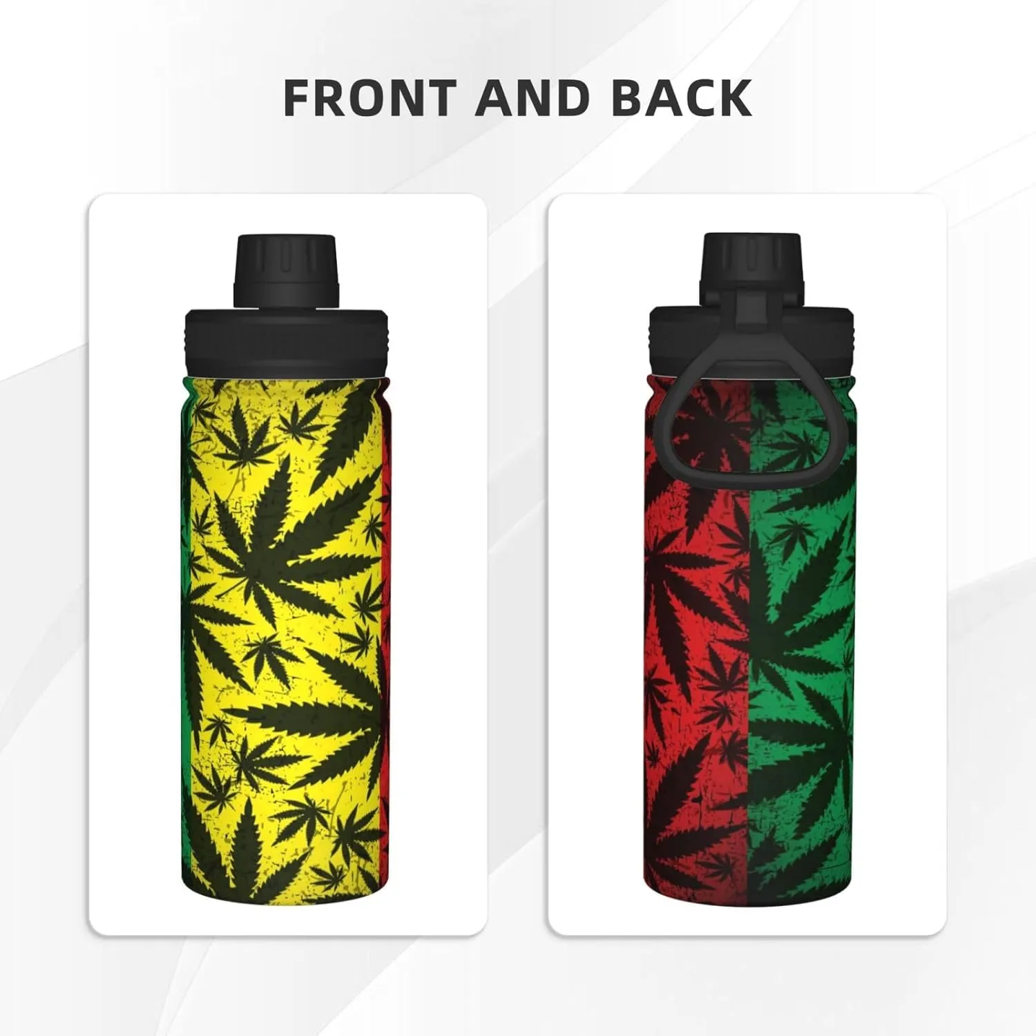 Jamaica Reggae Rasta Marijuana Leaf Weed 18 OZ Sports Insulated Water Bottle Stainless Steel Kettle Novelty Drinking Cup for Outdoor Gym Travel