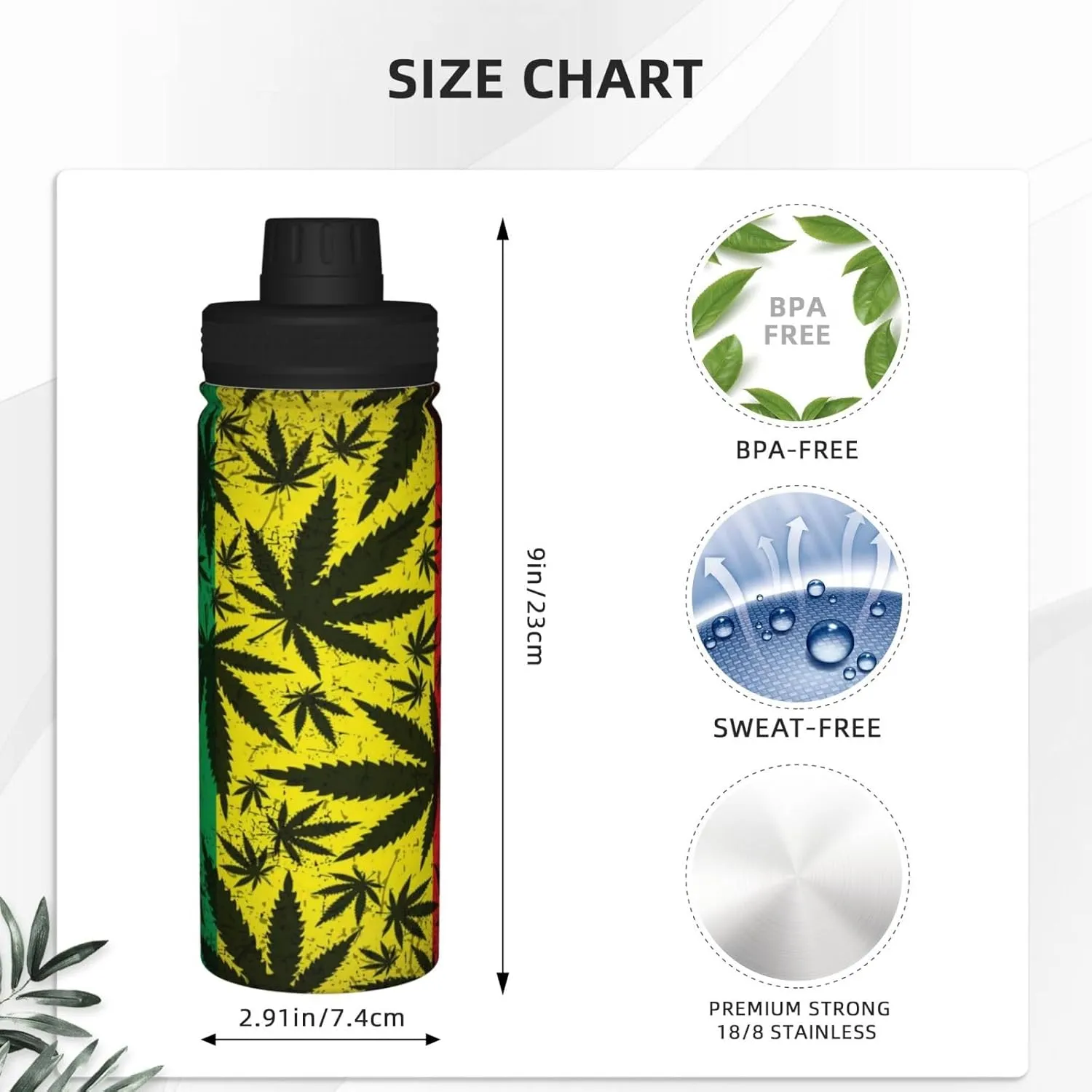 Jamaica Reggae Rasta Marijuana Leaf Weed 18 OZ Sports Insulated Water Bottle Stainless Steel Kettle Novelty Drinking Cup for Outdoor Gym Travel